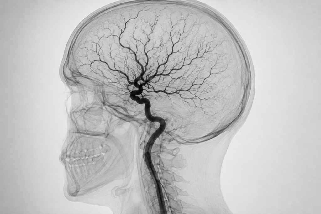 Diagnostic cerebral angiogram X-ray showing detailed brain blood vessels with contrast dye for neurovascular diagnosis.