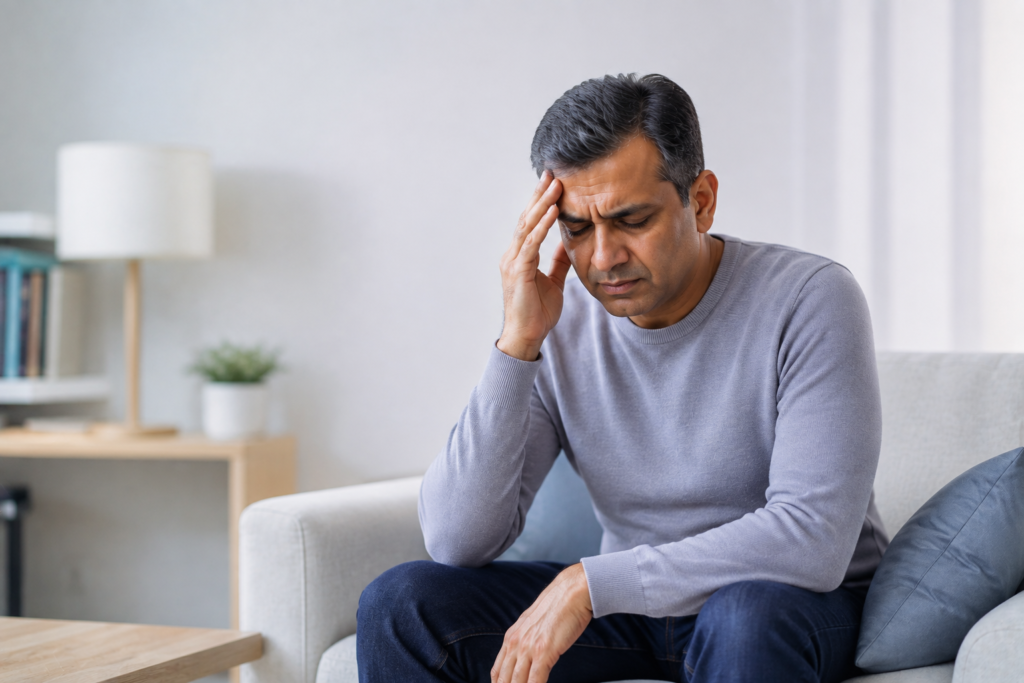 Middle-aged man holding his head with a severe headache